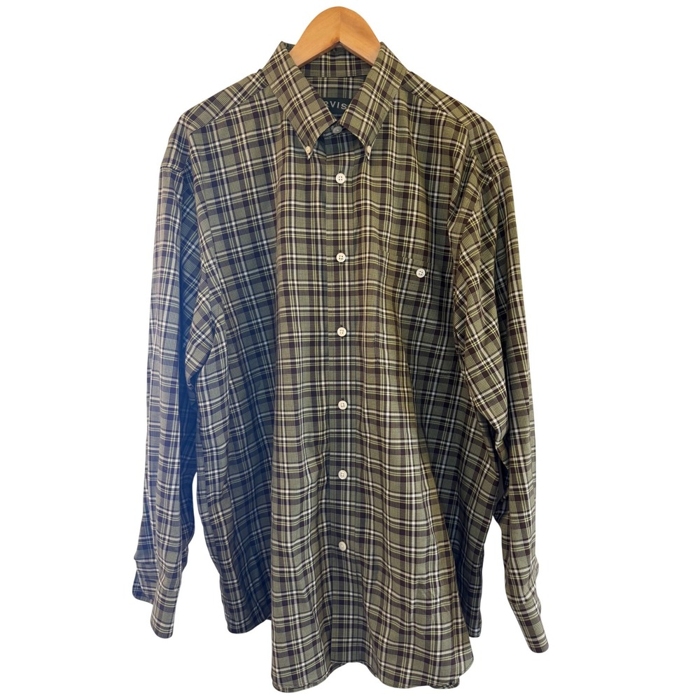 Orvis Mens XL Plaid Button Down Shirt‎ Brown Green 100% Cotton Long Sleeve 77C9